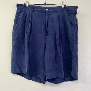 Pineapple Moon Navy 100% Silk‎ Pleated Bermuda Shorts Sz 36 EUC